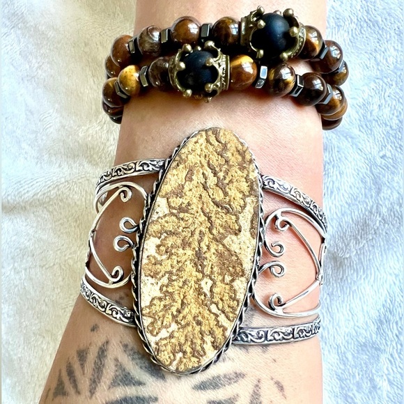 925 STUNNING Psilomelane Dendrite Cuff Bracelet - Picture 1 of 7